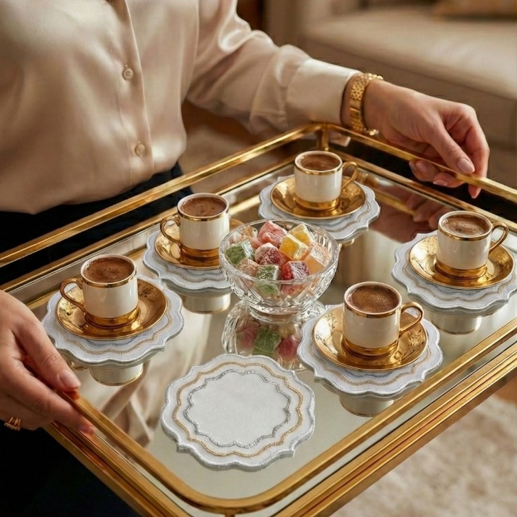 Premium 6’lı Kokteyl ve Kahve Altı Sunum Peçetesi Gold Gümüş Çizgiler Serisi - 20252001321