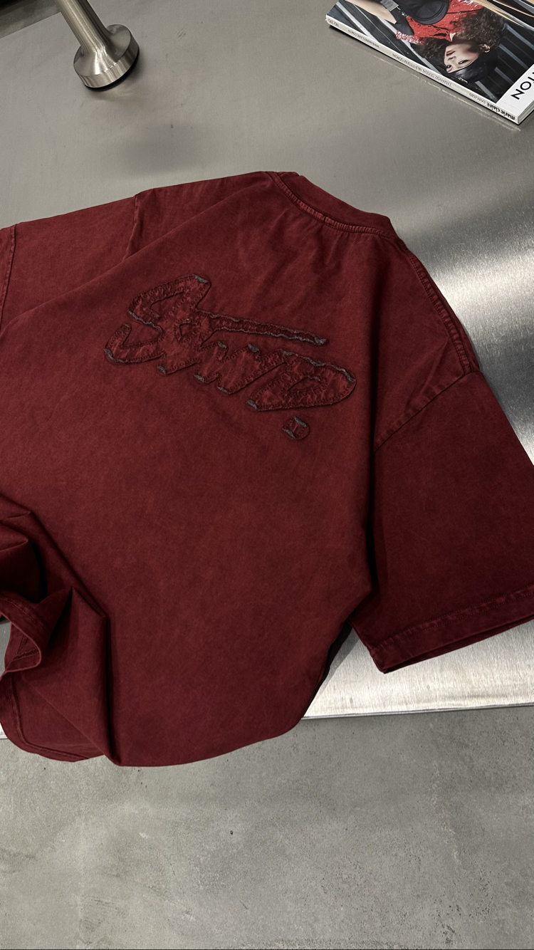 STWD Yıkamalı Aplikeli T-Shirt (Bordo)