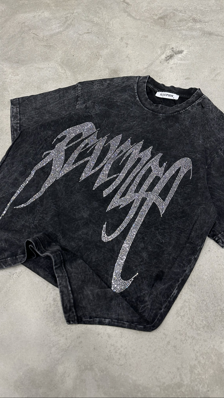 Yıkamalı Revenge Taşlı T-Shirt (Siyah)