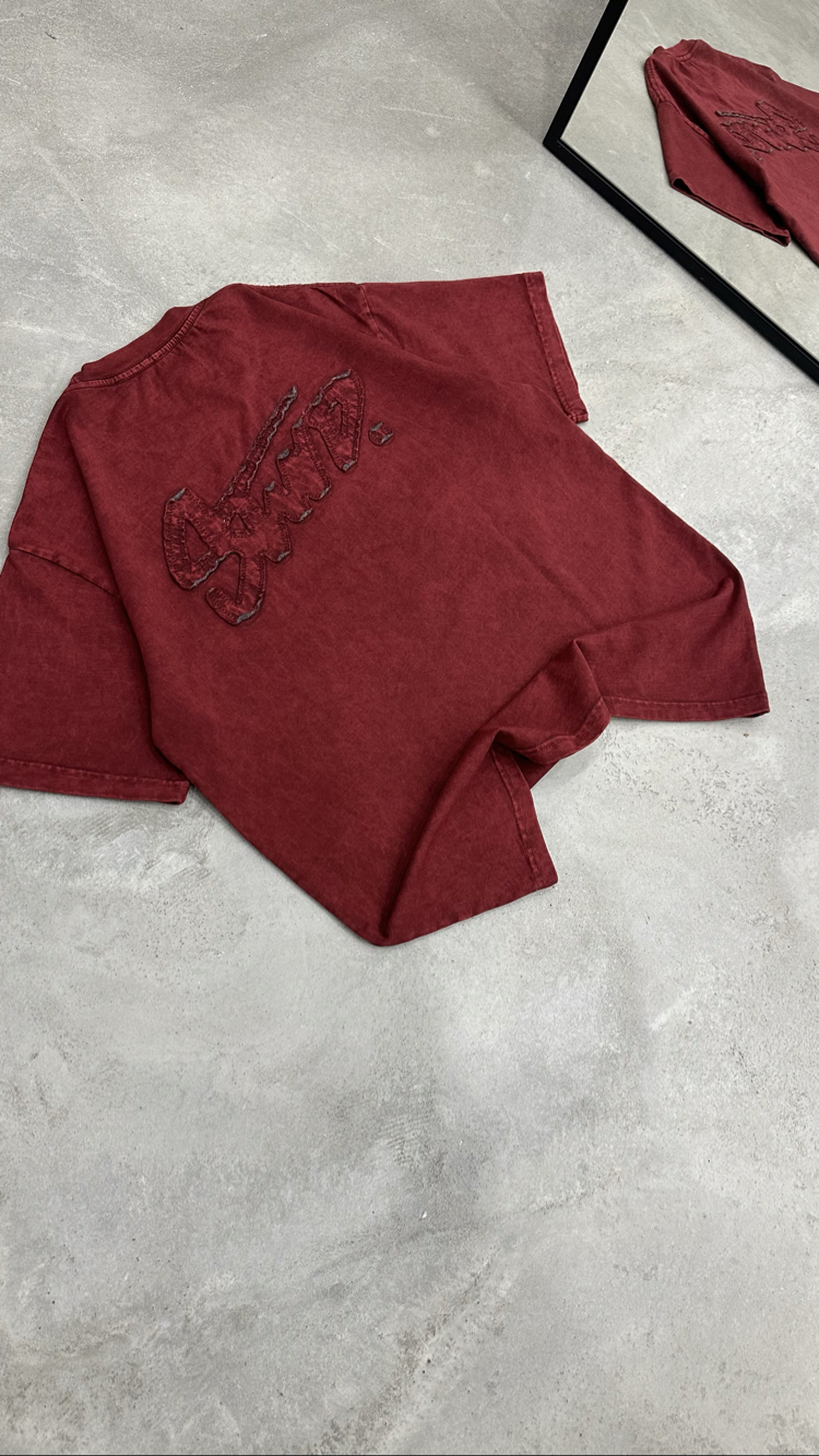 STWD Yıkamalı Aplikeli T-Shirt (Bordo)