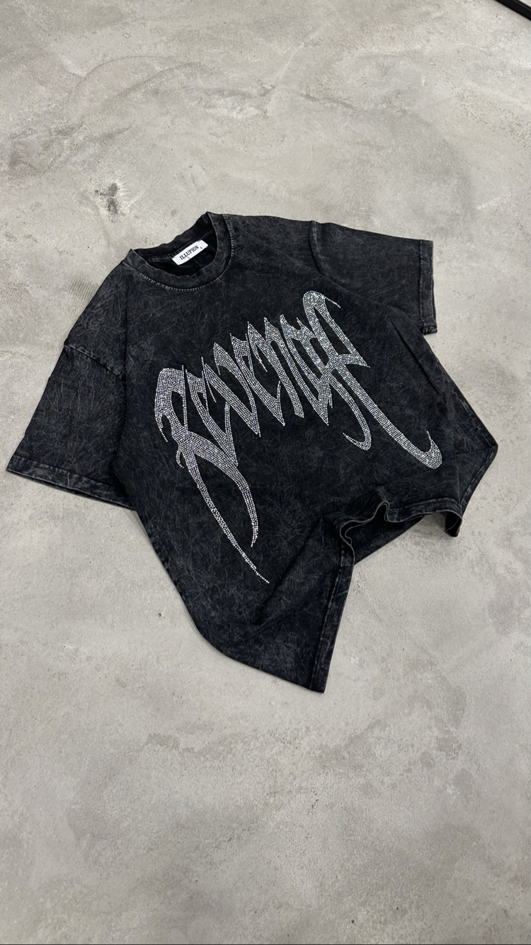 Yıkamalı Revenge Taşlı T-Shirt (Siyah)