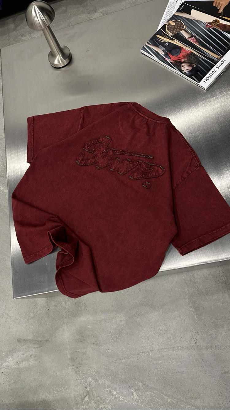STWD Yıkamalı Aplikeli T-Shirt (Bordo)