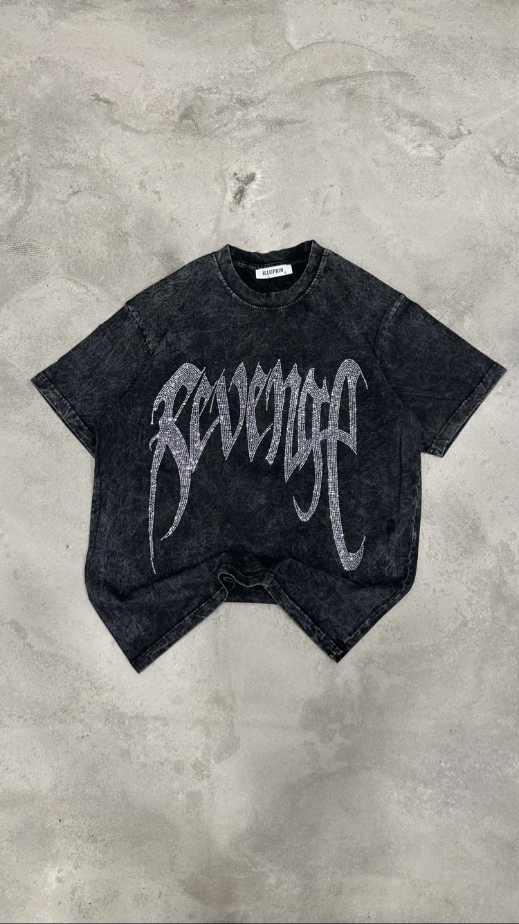 Yıkamalı Revenge Taşlı T-Shirt (Siyah)