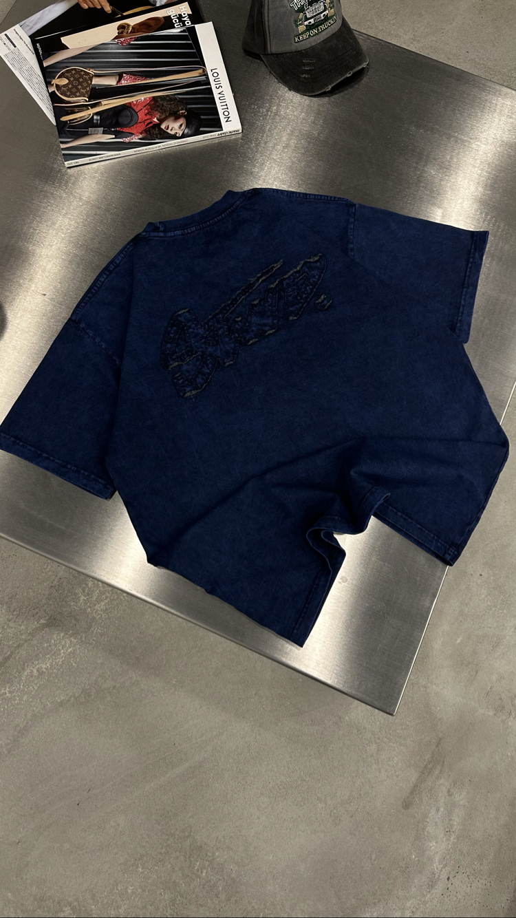 STWD Yıkamalı Aplikeli T-Shirt (Lacivert)