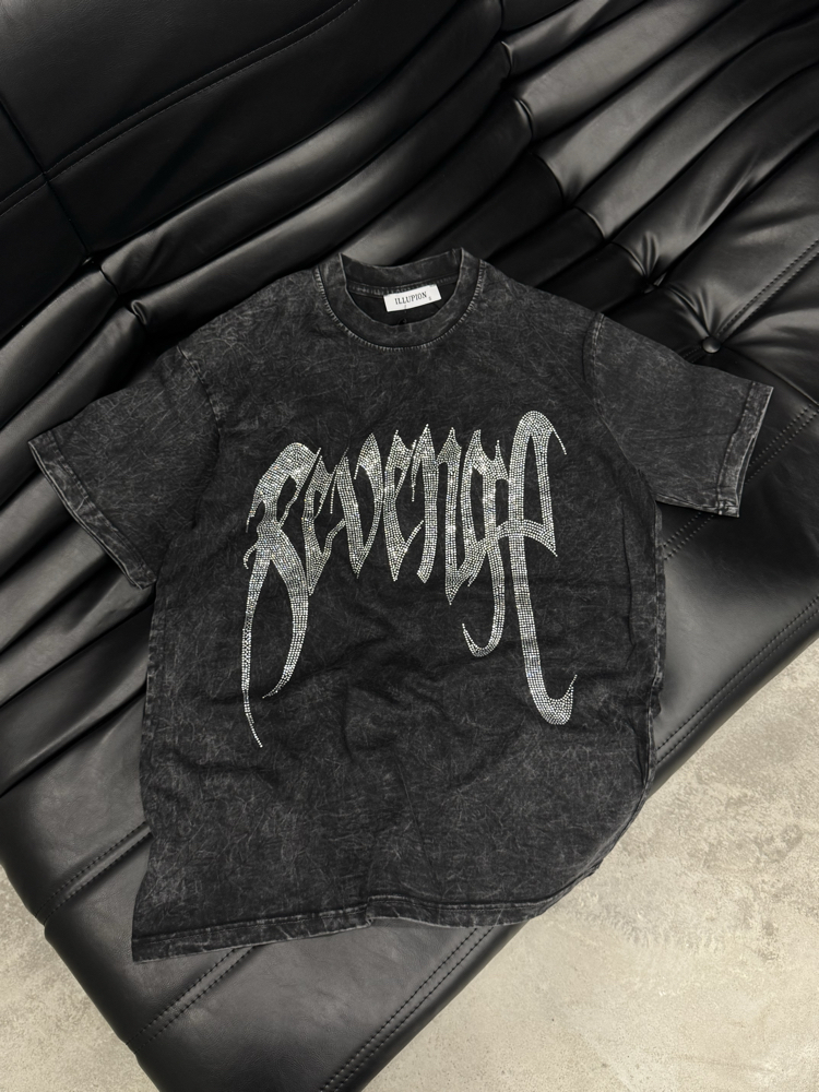 Yıkamalı Revenge Taşlı T-Shirt (Siyah)