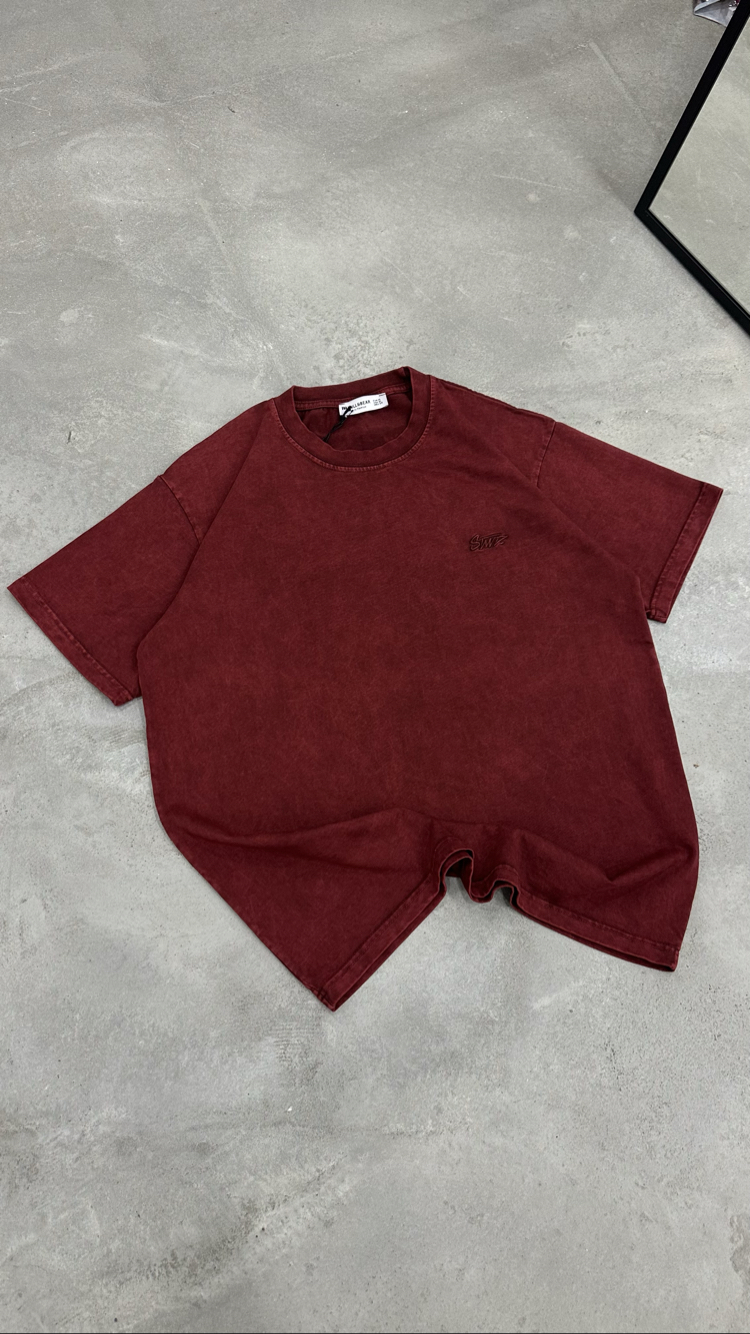 STWD Yıkamalı Aplikeli T-Shirt (Bordo)