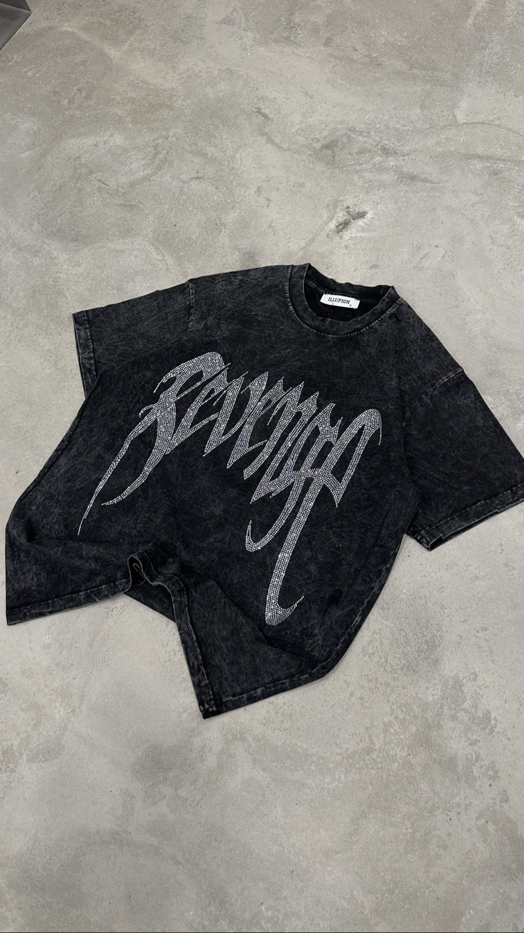 Yıkamalı Revenge Taşlı T-Shirt (Siyah)