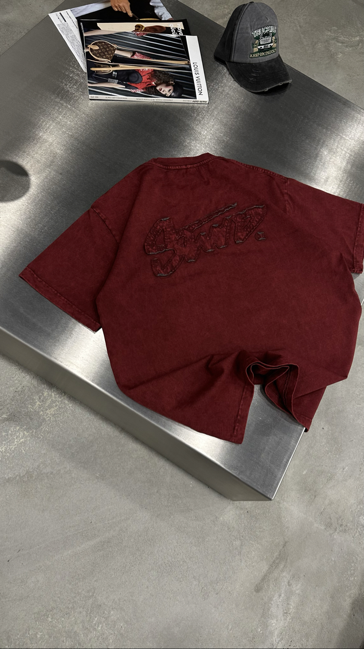 STWD Yıkamalı Aplikeli T-Shirt (Bordo)
