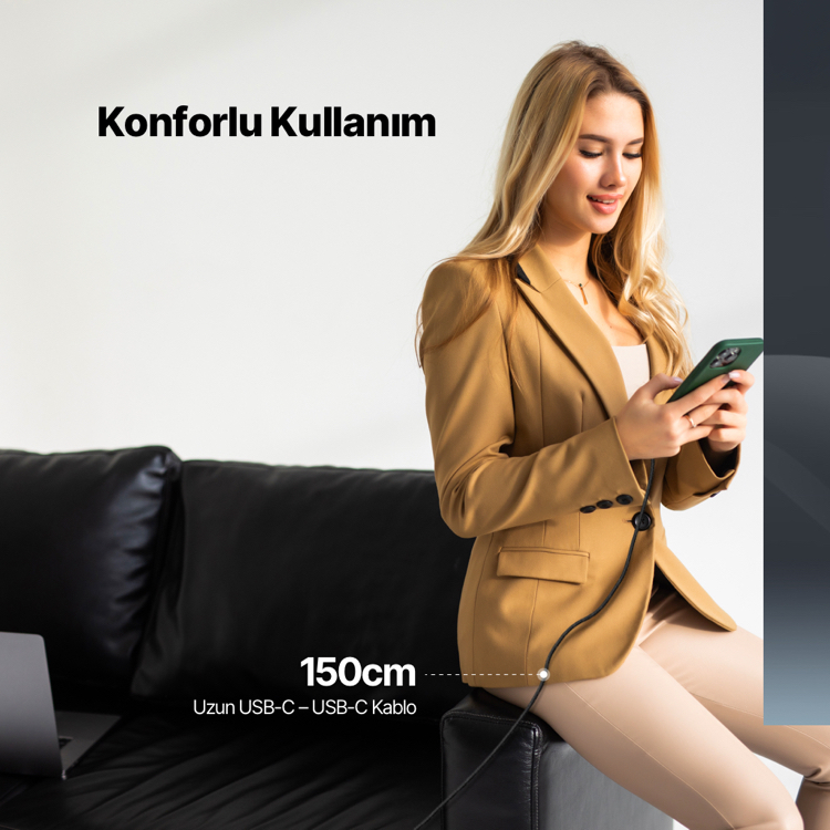 ttec AlumiCable LCD USB-C – USB-C 100W PD/QC 150cm Hızlı Şarj/Data Kablosu ,Siyah