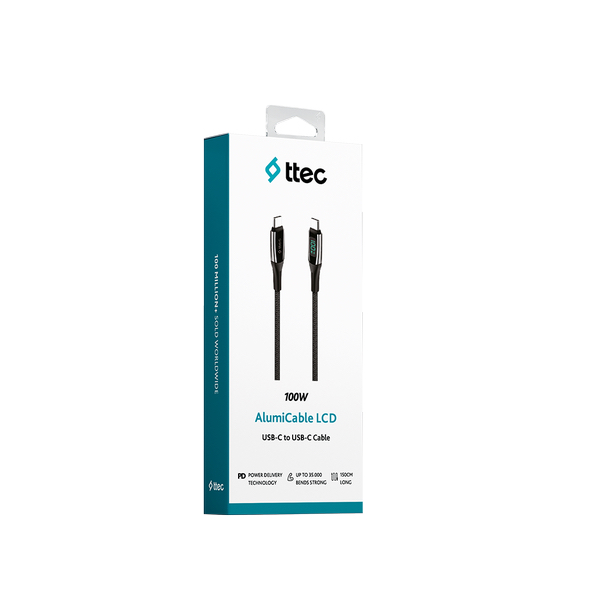 ttec AlumiCable LCD USB-C – USB-C 100W PD/QC 150cm Hızlı Şarj/Data Kablosu ,Siyah