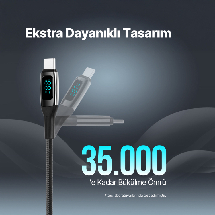 ttec AlumiCable LCD USB-C – USB-C 100W PD/QC 150cm Hızlı Şarj/Data Kablosu ,Siyah