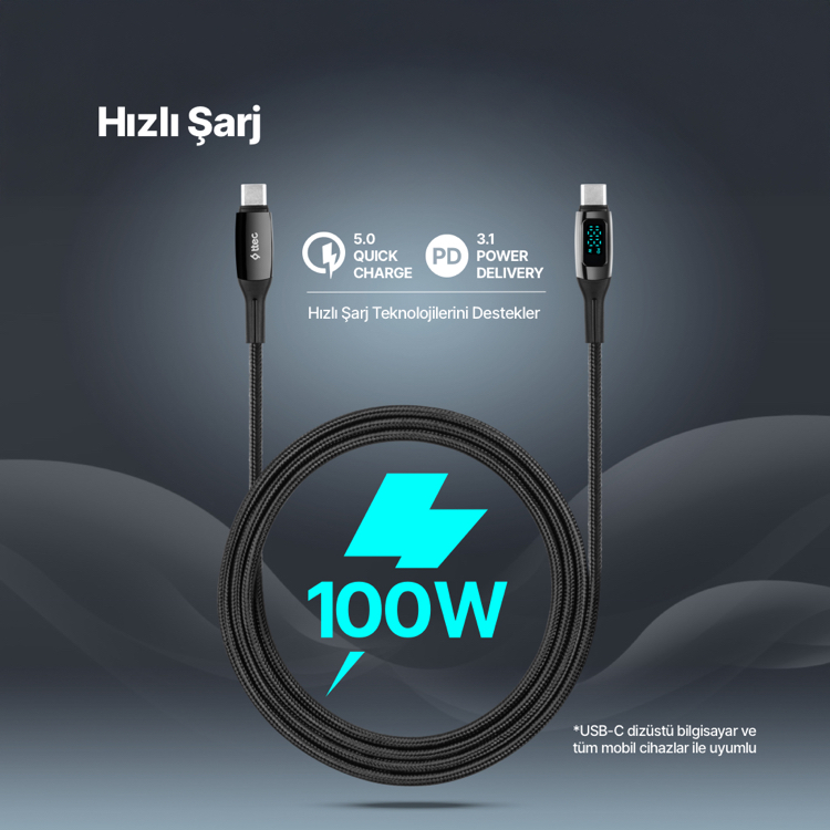 ttec AlumiCable LCD USB-C – USB-C 100W PD/QC 150cm Hızlı Şarj/Data Kablosu ,Siyah