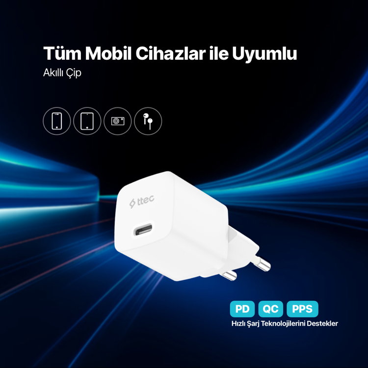 ttec SmartCharger GAN 20W PD Seyahat Hızlı Şarj Aleti + USB-C - USB-C 60W Kablo