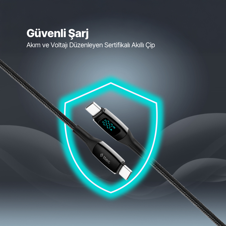 ttec AlumiCable LCD USB-C – USB-C 100W PD/QC 150cm Hızlı Şarj/Data Kablosu ,Siyah