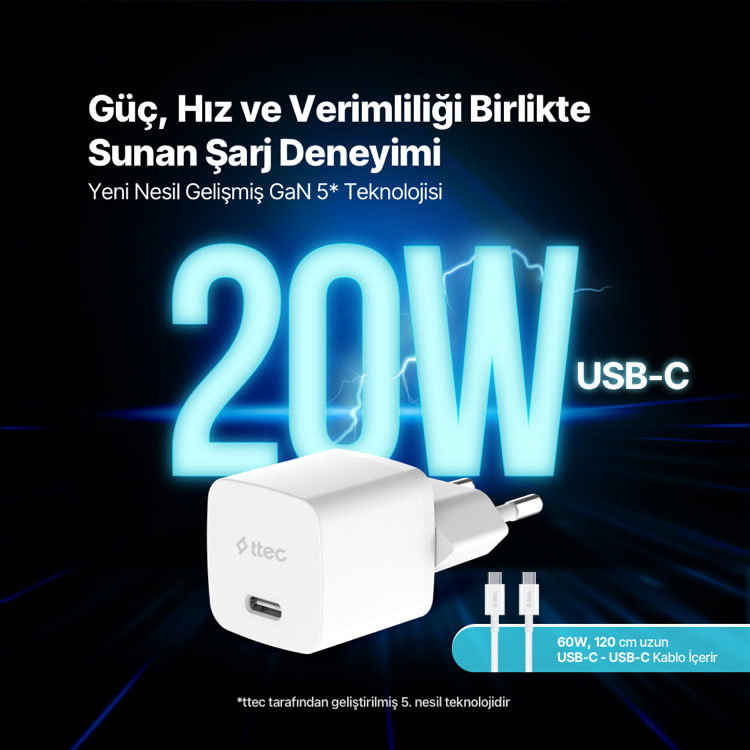 ttec SmartCharger GAN 20W PD Seyahat Hızlı Şarj Aleti + USB-C - USB-C 60W Kablo