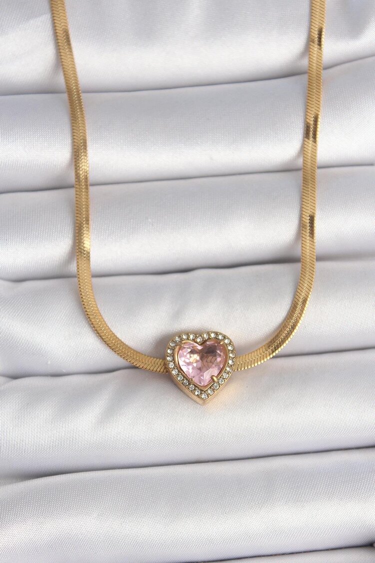 Pembe Zirkon Taşlı Kalp Model Kolye