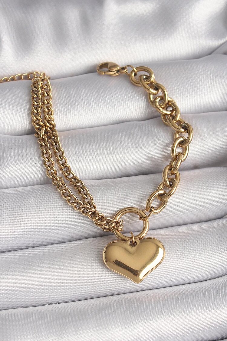 Çelik Gold Renk 2'Li Zincir Model Kalp Bileklik