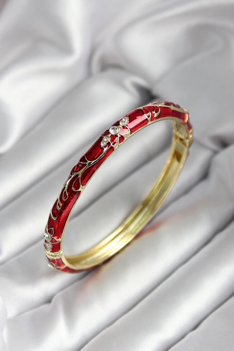 Mineli Kırmızı Çiçek Desenli Zirkon Taşlı Gold Renk Bileklik
