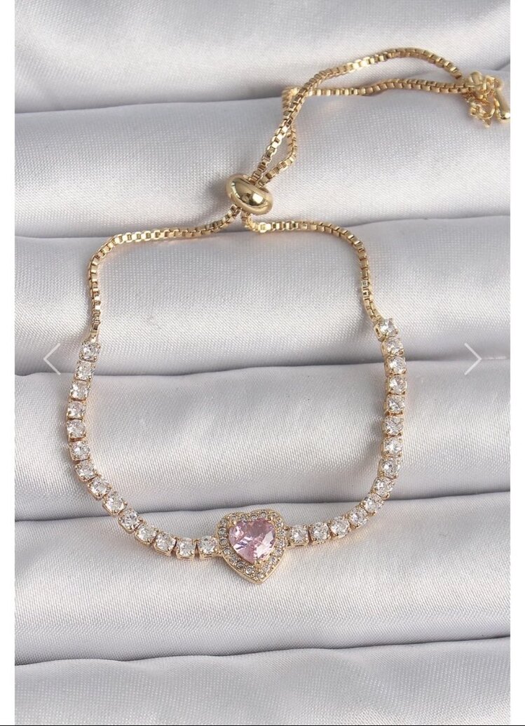 Pembe Zirkon Taşlı Kalp Asansör Bileklik