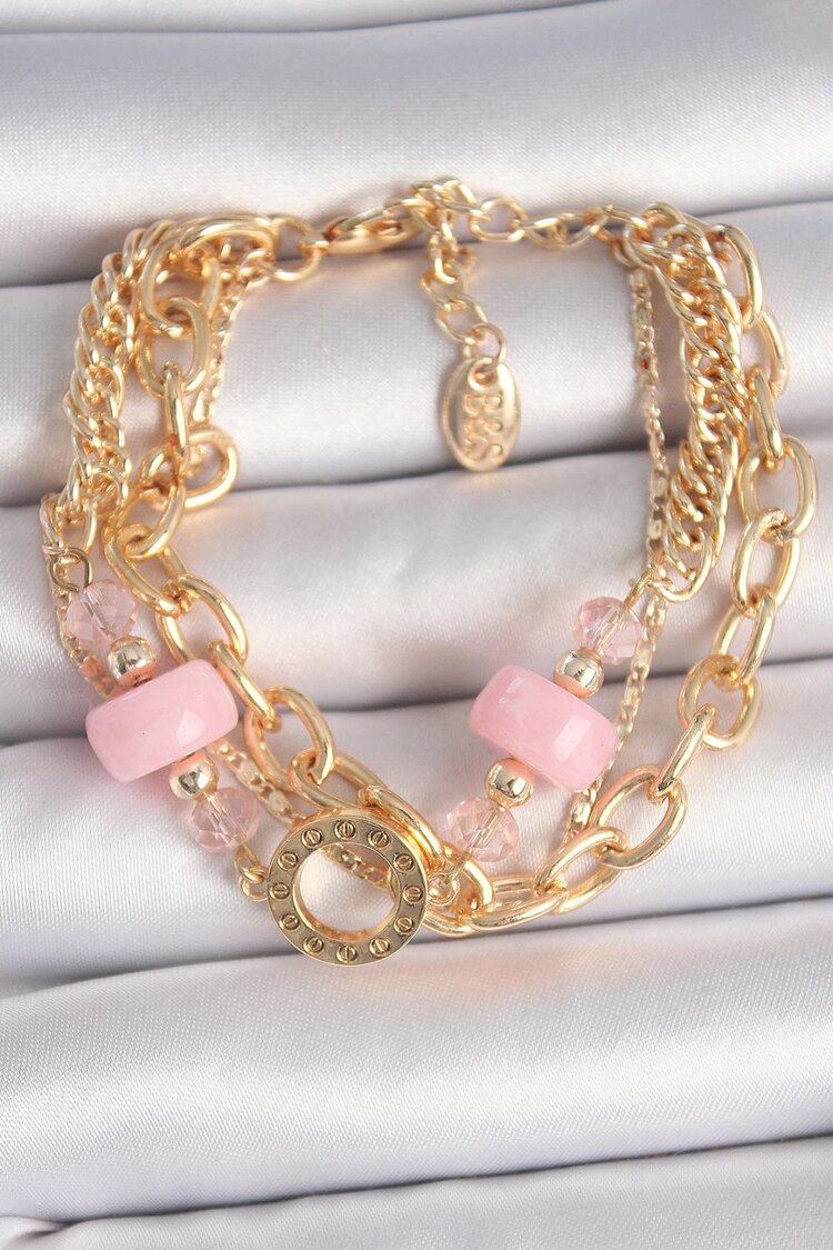 Gold Renk Çoklu Pembe Taşlı Bileklik