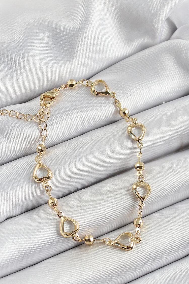 Şeffaf Kalp Model Gold Renk Zirkon Taşlı  Bileklik