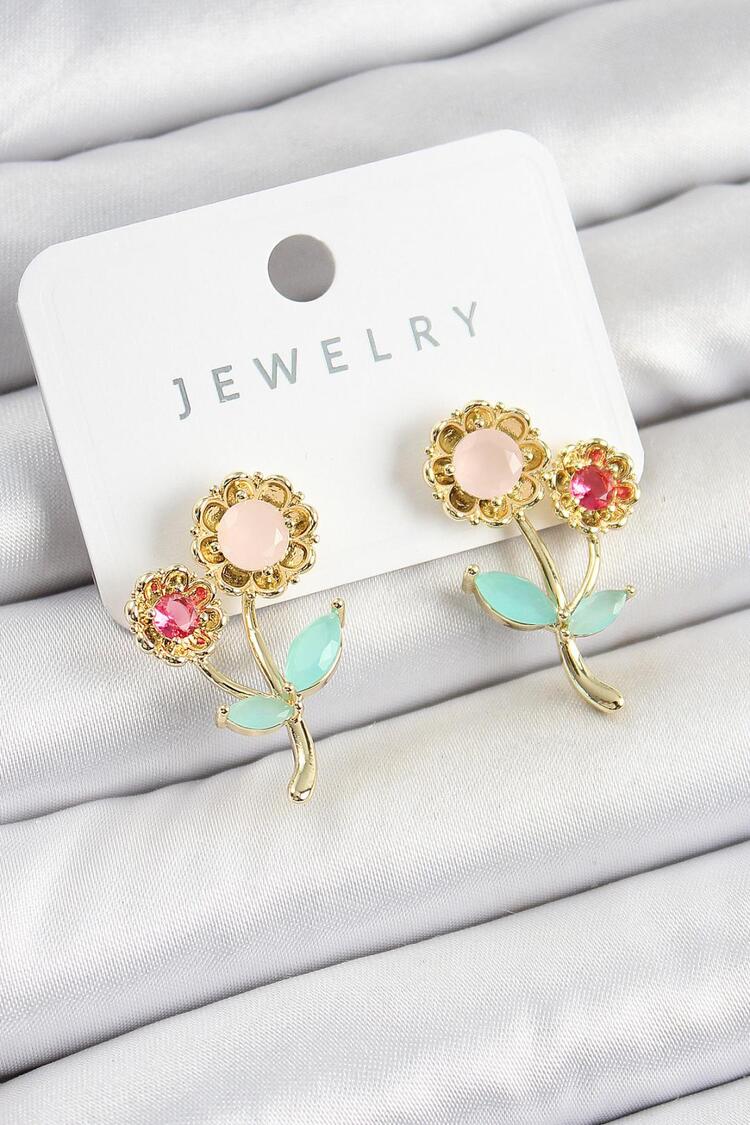 Zirkon Taşlı Papatya Model Gold Renk Küpe
