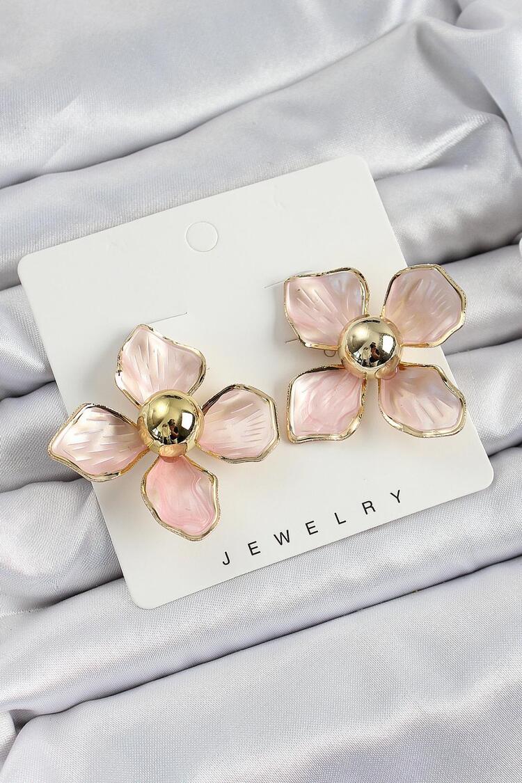 Pembe Çiçek Vintage Model Gold Renk Küpe