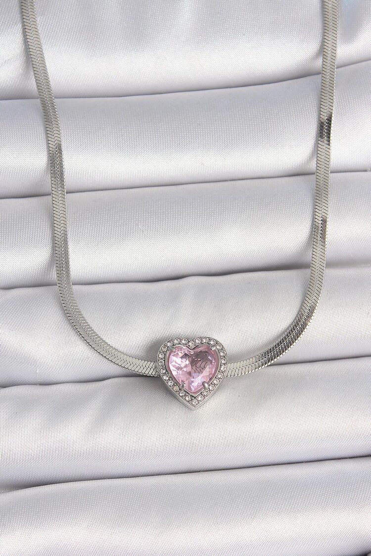 Pembe Zirkon Taşı Kalp Model Kolye