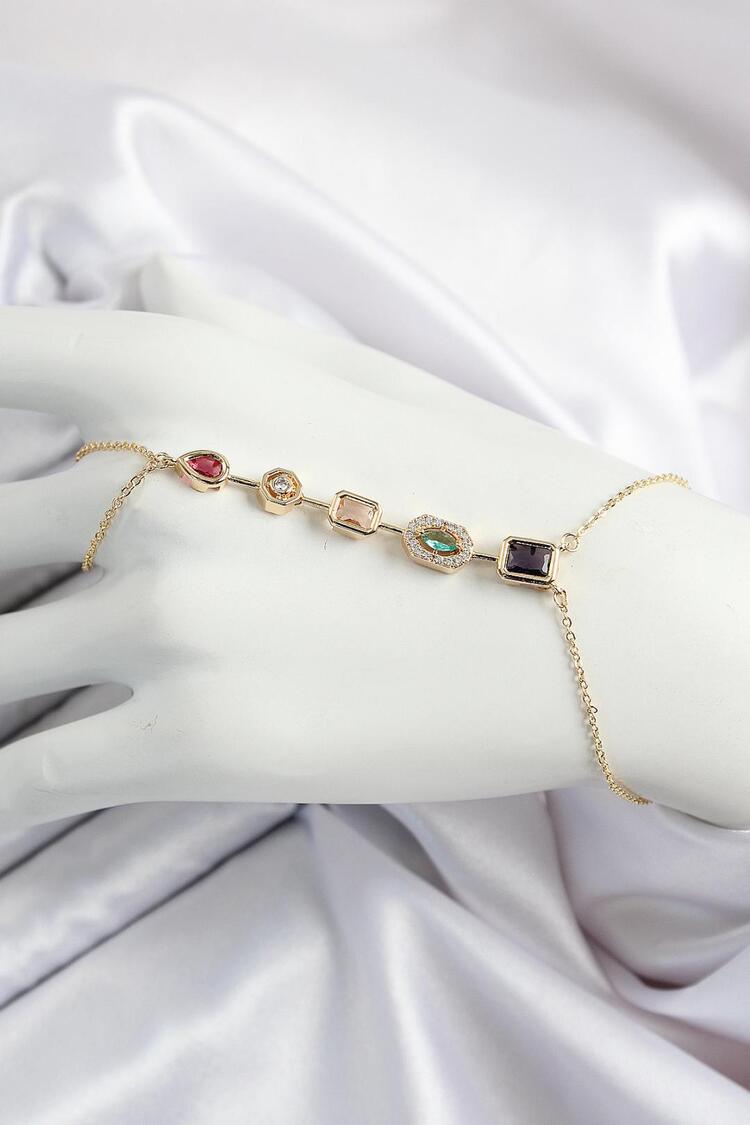 Renkli Zirkon Taşlı Y Model Gold Renk Kadın Şahmeran