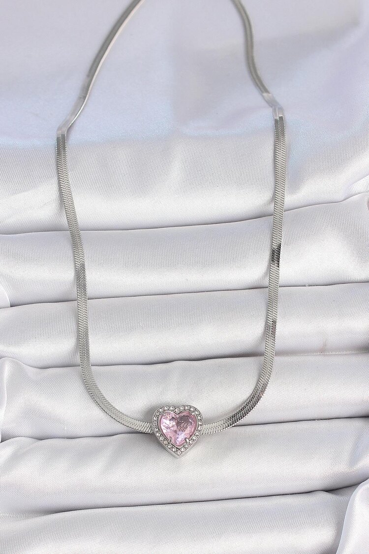 Pembe Zirkon Taşı Kalp Model Kolye