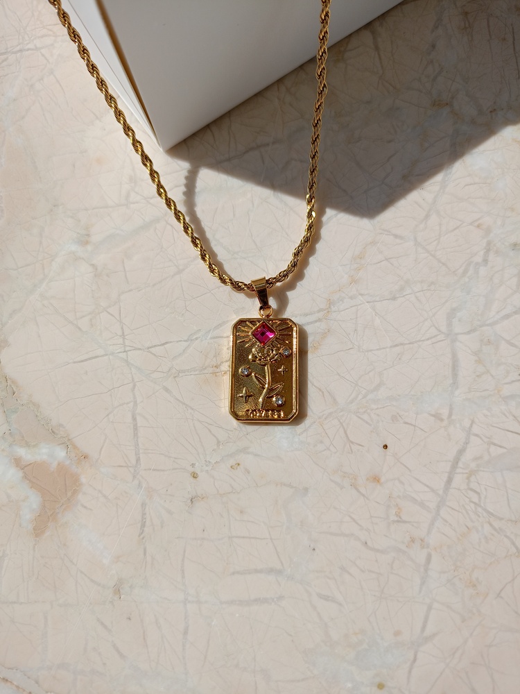 Çelik | Pembe Taşlı Tarot Kolye