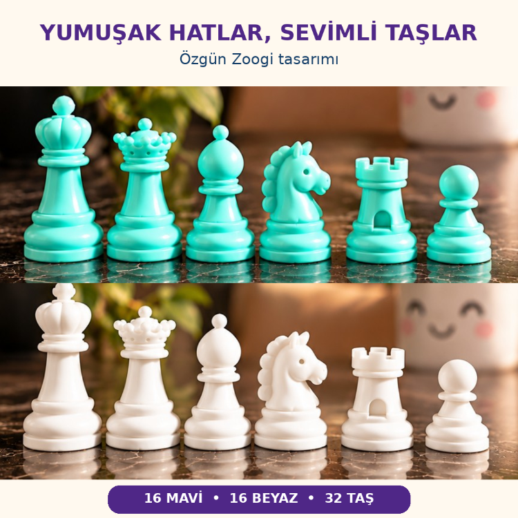 Zoogi Mini Satranç Takımı – Özel Tasarım Sevimli Taşlar, 18 × 18 cm