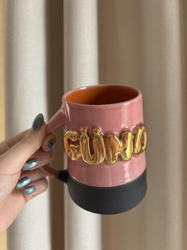 24K Altın GÜNO 450 ml Pembe-Turuncu Stoneware Kupa