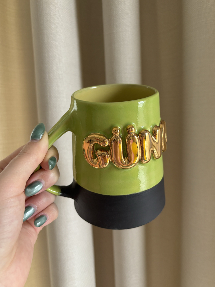 24K Altın GÜNO 450 ml Fıstık Yeşili-SarıStoneware Kupa