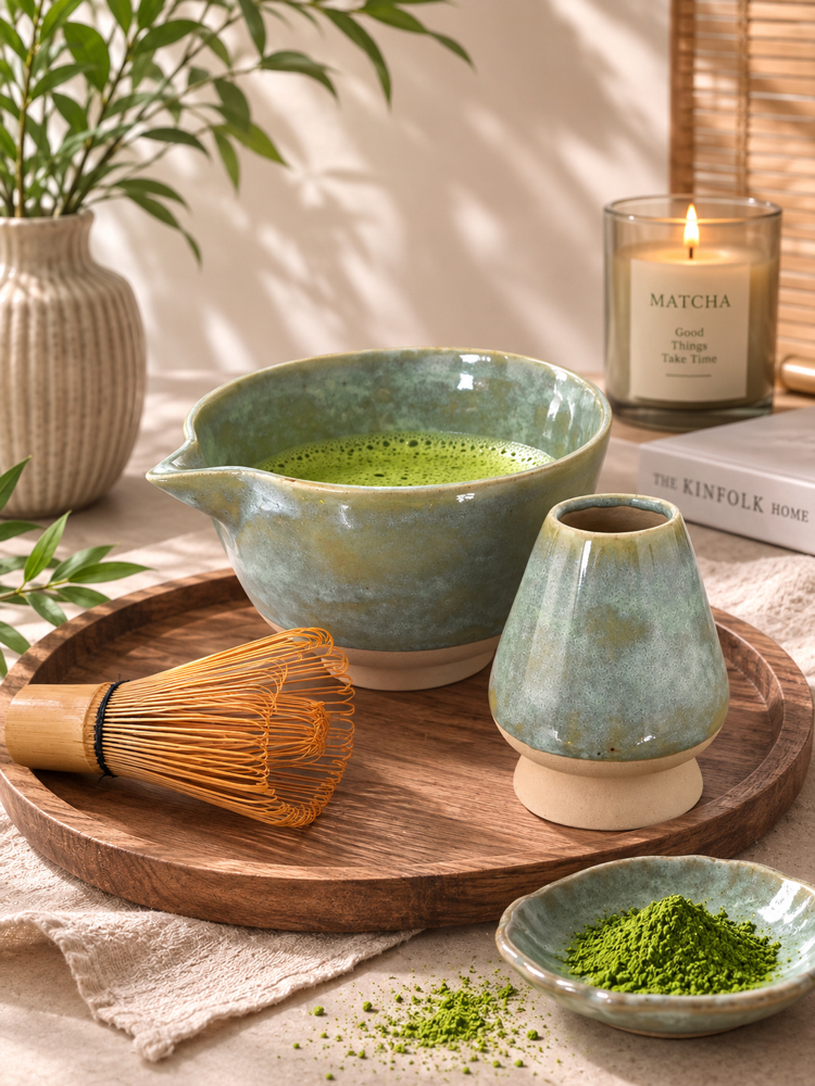 Lagoon Stoneware Matcha Kase + Whisk Tutucu Set (500 Ml Hacimli)