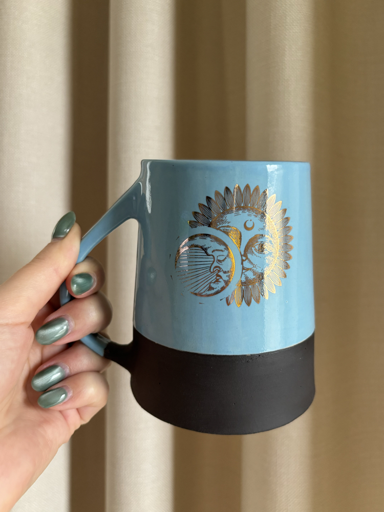 24K Altın Detaylı 450 ml Mavi - Lacivert Stoneware Kupa