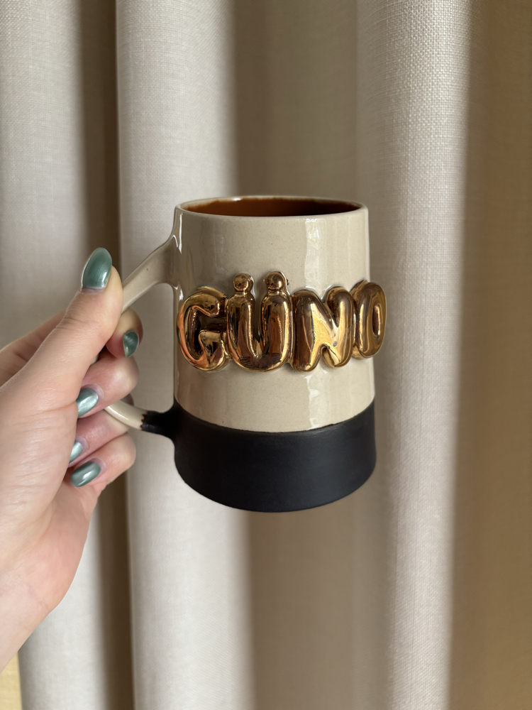 24K Altın GÜNO 450 ml Krem-Kahverengi Stoneware Kupa
