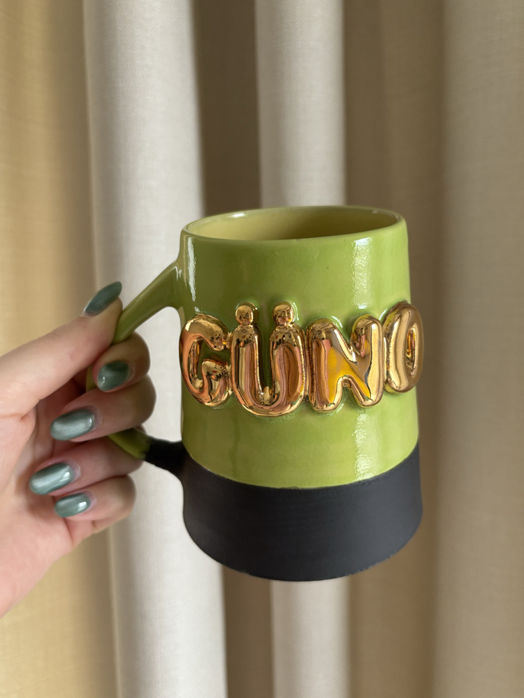 24K Altın GÜNO 450 ml Fıstık Yeşili-SarıStoneware Kupa