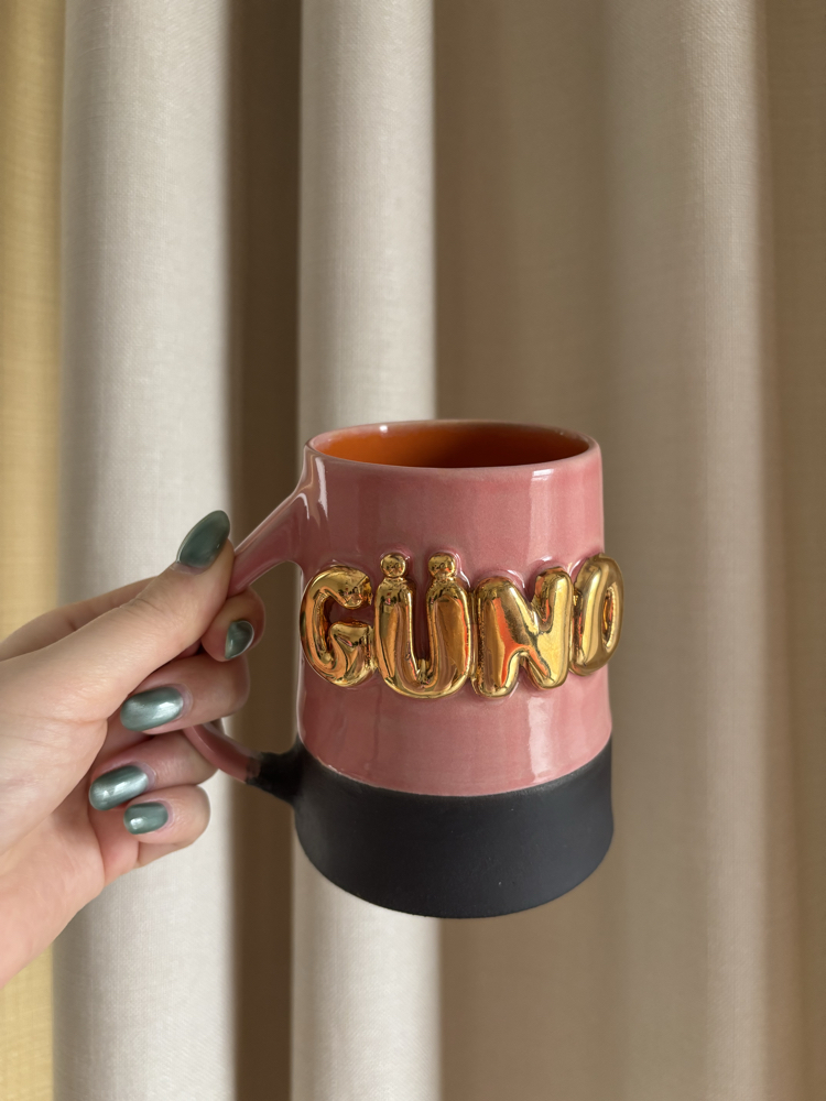 24K Altın GÜNO 450 ml Pembe-Turuncu Stoneware Kupa