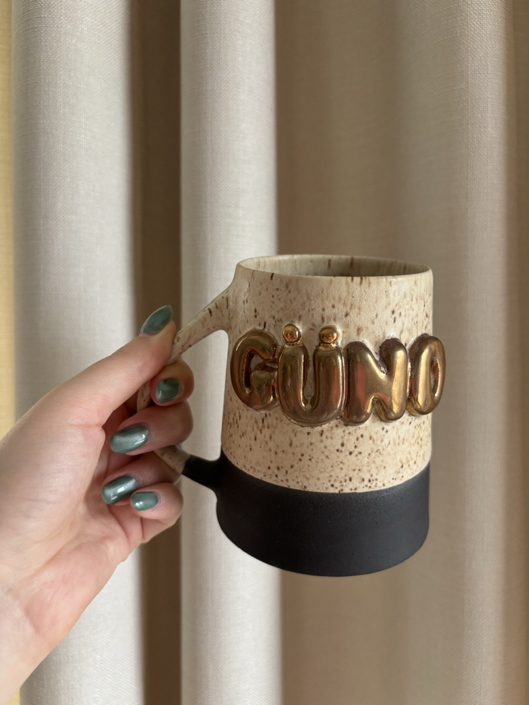 24K Altın Bakır GÜNO 450 ml Mat Krem Benekli Stoneware Kupa